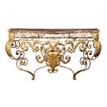 A wrought iron marble topped console table, early 20th century,