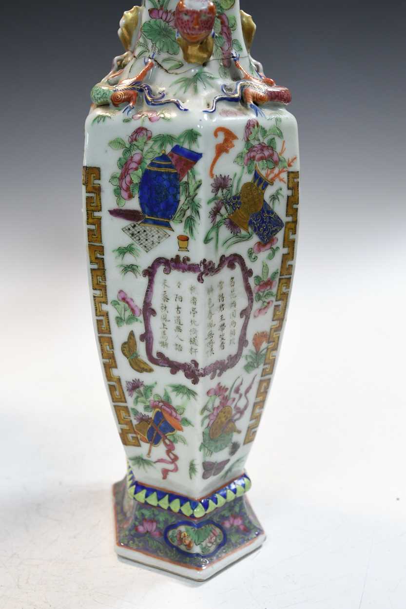 A pair of Chinese famille rose porcelain hexagonal vases, - Image 4 of 14