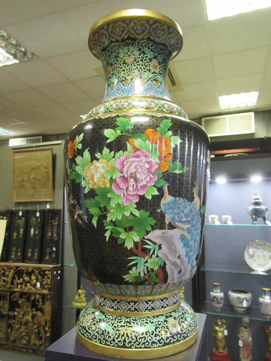 A large pair of Chinese cloisonne floral baluster vases, late 20th century, - Image 12 of 12