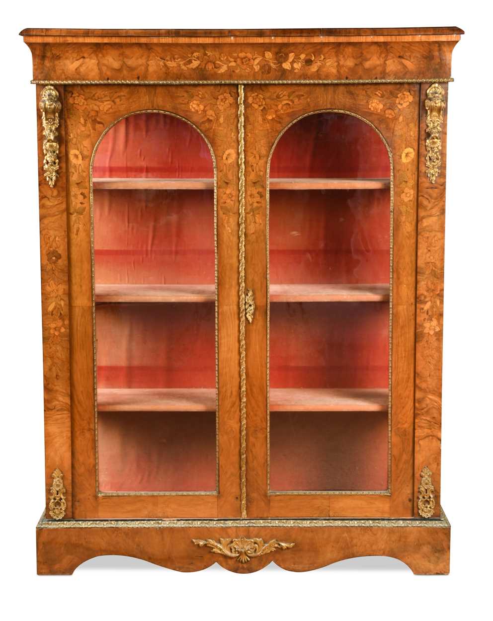 An inlaid walnut and gilt metal display cabinet, 19th century,
