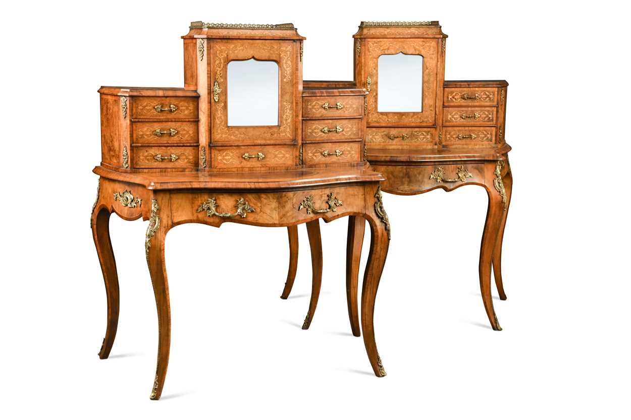 A near pair of burr walnut Bonheur Du Jour, circa 1860,