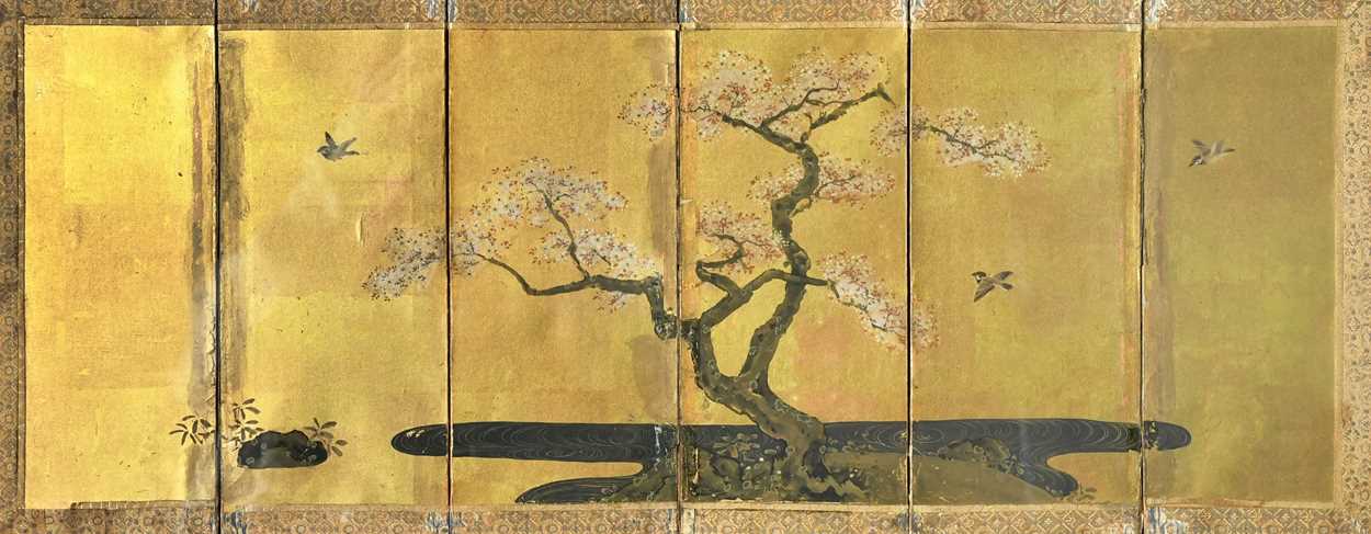 A pair of Japanese gold lacquered and painted six-fold table screens, late Meiji period, - Image 3 of 16