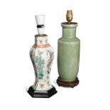 A Chinese famille verte porcelain vase, Kangxi, converted into a table lamp,