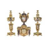 F. Barbedienne, a French ormolu and porcelain clock garniture, late 19th century,