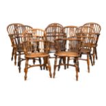 Eight yew and elm stick back armchairs, early 19th century,