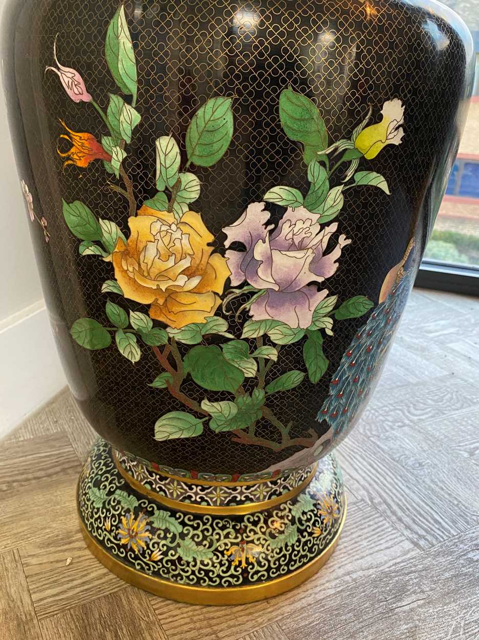 A large pair of Chinese cloisonne floral baluster vases, late 20th century, - Image 6 of 12