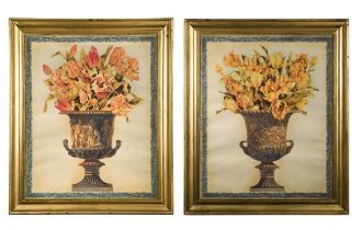 A pair of contemporary assembled collages of tulips within urns, 20th century,