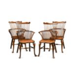 Four George III stick back elm and beech armchairs,