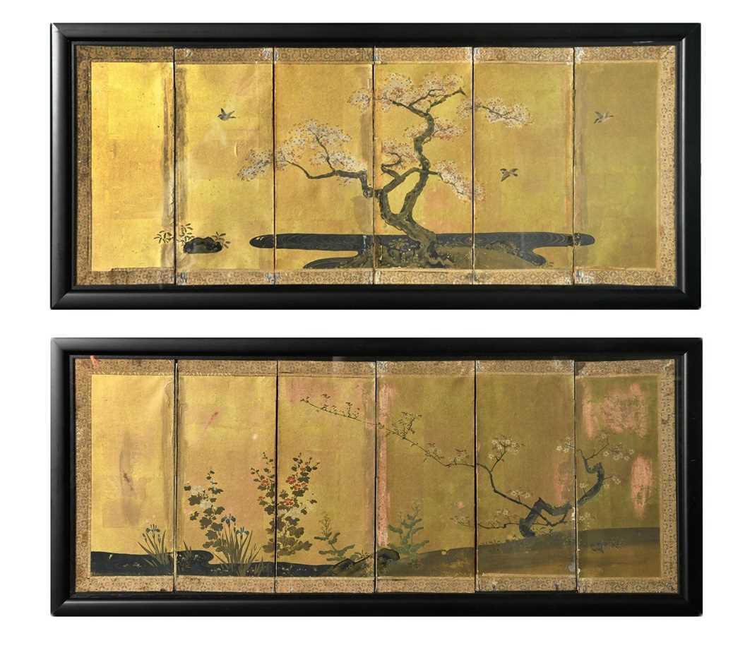 A pair of Japanese gold lacquered and painted six-fold table screens, late Meiji period,