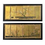 A pair of Japanese gold lacquered and painted six-fold table screens, late Meiji period,