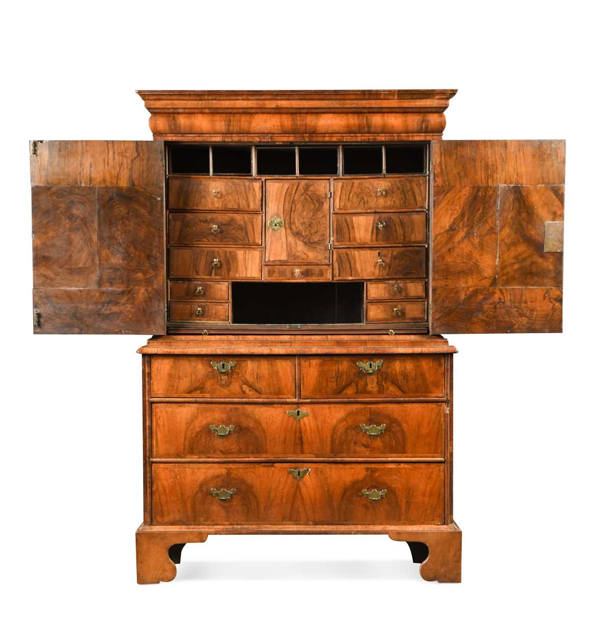 A George I walnut cabinet on chest,