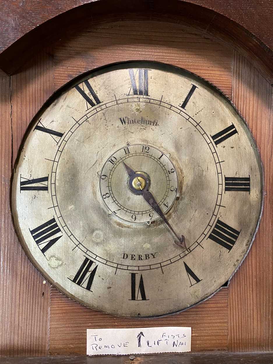 An oak cased hooded pantry clock with alarm by Whitehurst, Derby, mid 19th century, - Image 3 of 14