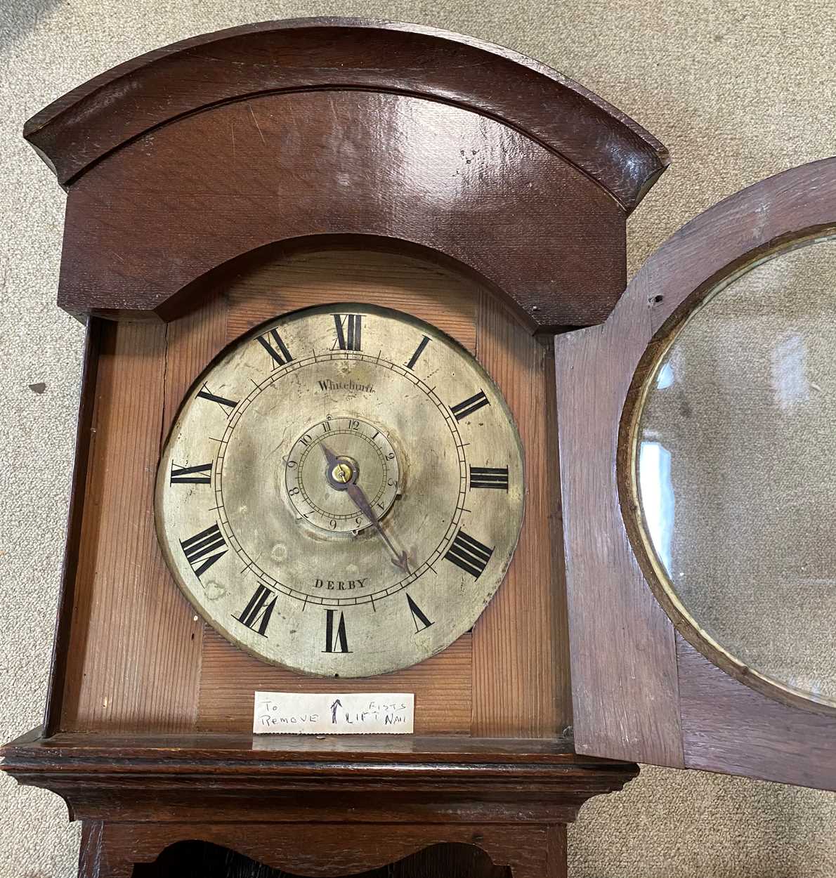 An oak cased hooded pantry clock with alarm by Whitehurst, Derby, mid 19th century, - Image 10 of 14