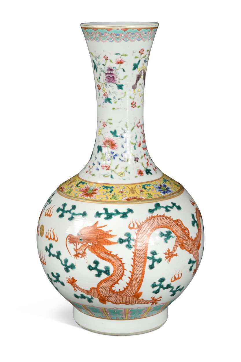 A Chinese porcelain dragon bottle vase, Republic Period,