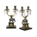 A pair of Regency patinated and gilt bronze lustres,