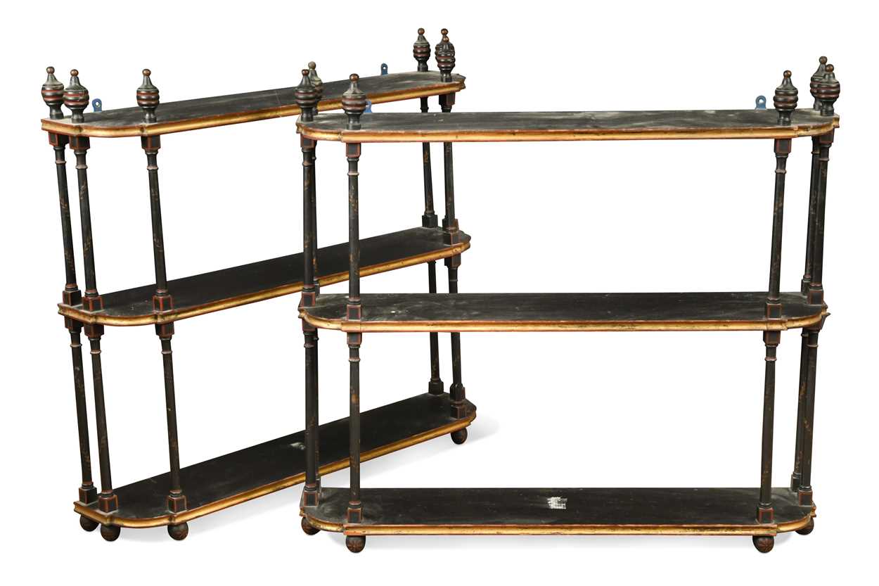 A pair of ebonised and gilt three-tier hanging wall shelves, late 19th century,