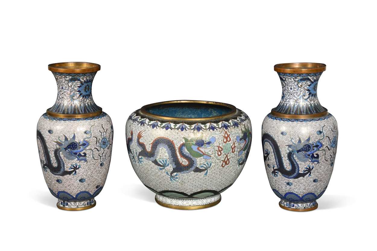 A pair of Chinese cloisonné dragon vases, Republic period,