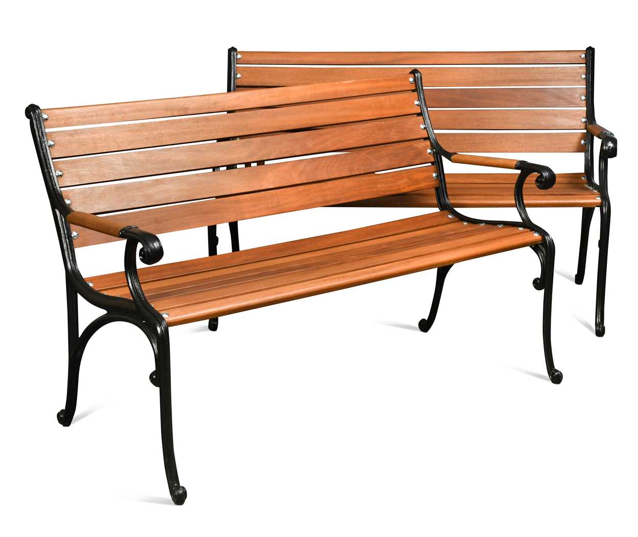 A pair of cast metal and mahogany garden benches, recent construction,