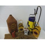 A Lubricine five gallon pyramid can, two road lamps, a Vitafilm pint oil measure and various other