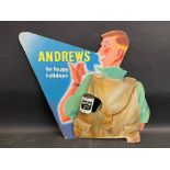 An 'Andrews for happy holidays' pictorial die-cut showcard plus an Andrews tin, 15 1/2 x 13 1/2".