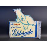 An Eldorado Ice Cream double sided die-cut tin advertising sign with hanging flange, 19 x 19".