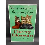 A Cherry Blossom Shoe Polish pictorial tin advertising sign depicting three kittens sat in boots, 17