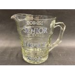 A glass water jug with advertising for Senior Service, 6 1/2" h.