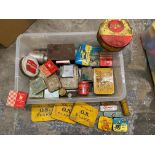 A box of assorted tins including tobacco and puncture repair kits etc.