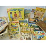 A large quantity of period toys, comics, pamphlets, Dapper Dan and a basketball game.