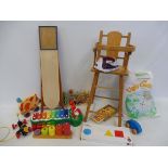 A collection of mostly wooden toys, mostly contemporary but good quality.