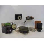 A cased Mycro Una camera by Sanwa, a leather cased Taylor-Hobson lens and various other