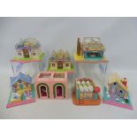 Seven vintage Polly Pocket playsets marked Bluebird Swindon England.