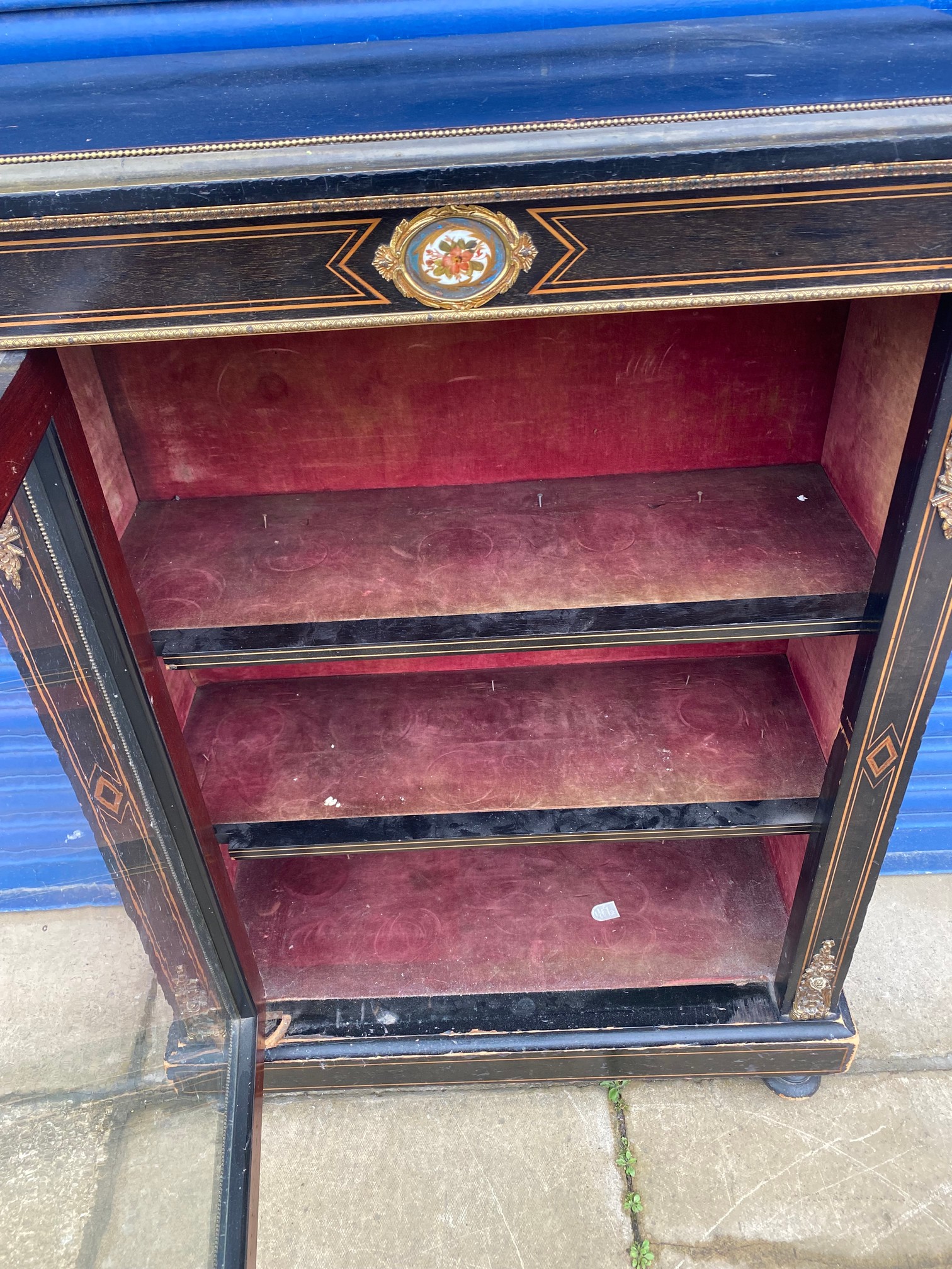 A 19th Century ebonised and brass mounted pier cabinet, with retailer's label to the back for - Image 6 of 9