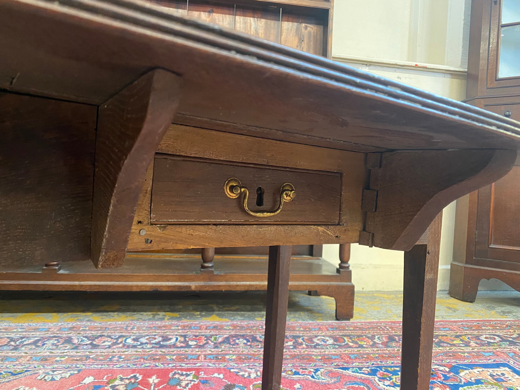 An unusual country made oak drop flap table, with hidden drawer, 30" wide x 23" high x 30 1/2" - Image 3 of 5