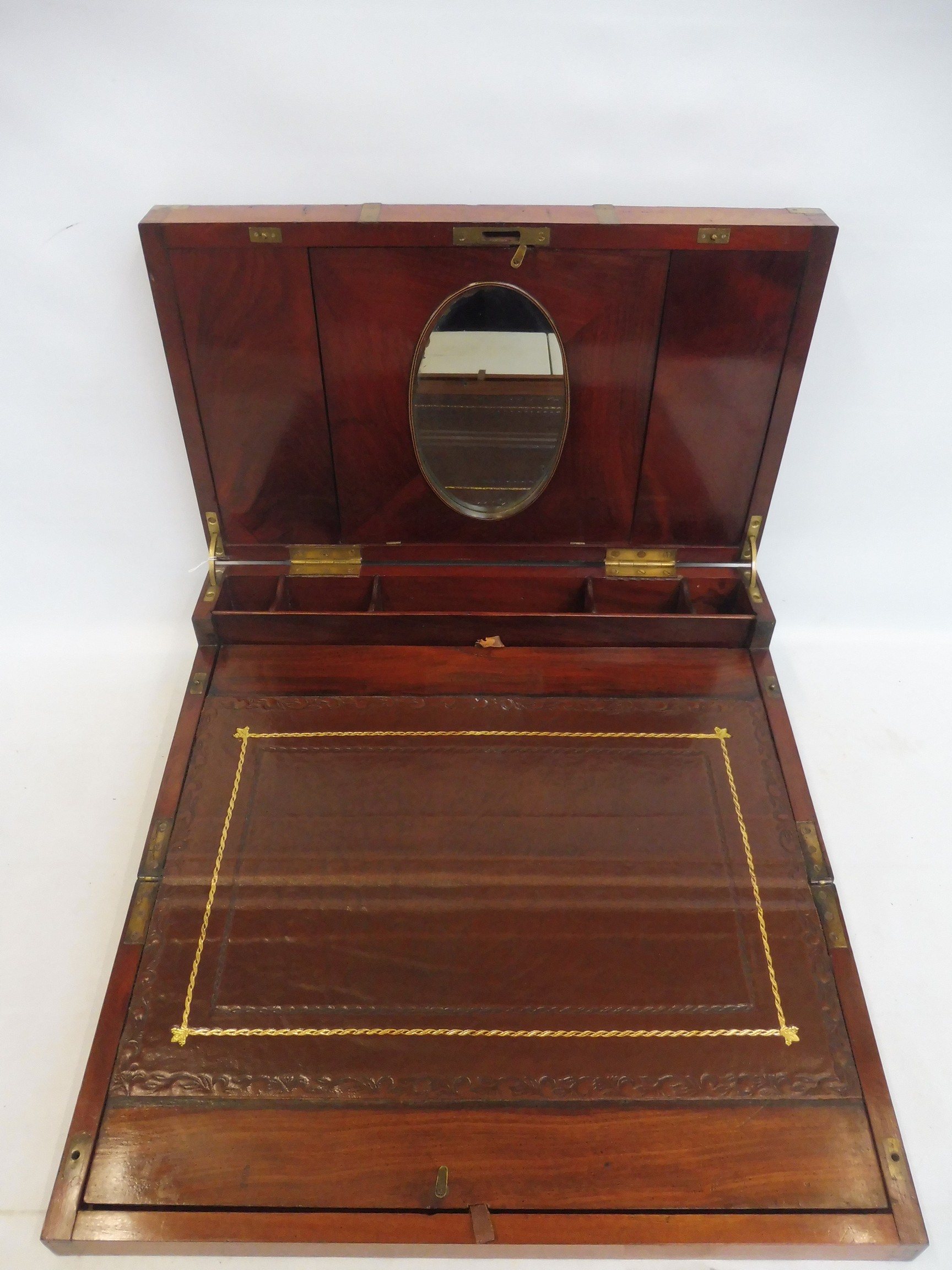 A fine quality 19th Century mahogany and brass bound campaign writing slope, the inset brass - Image 6 of 12