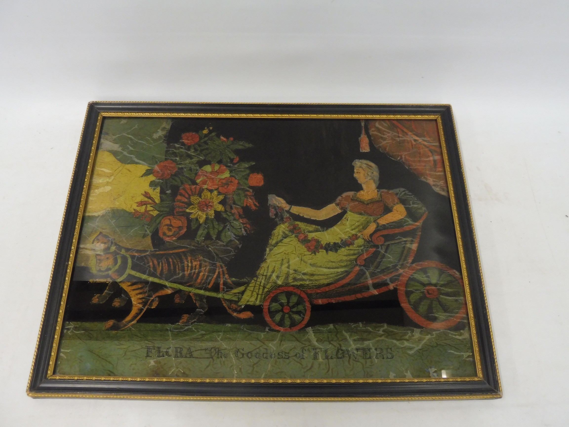 A 19th Century reverse glass painting of Flora, the Goddess of Flowers, 19 1/2 x 15".