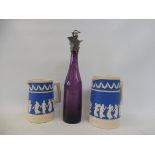 An amethyst coloured glass decanter with silver mount, 11 3/4" h plus a graduated pair of Copeland