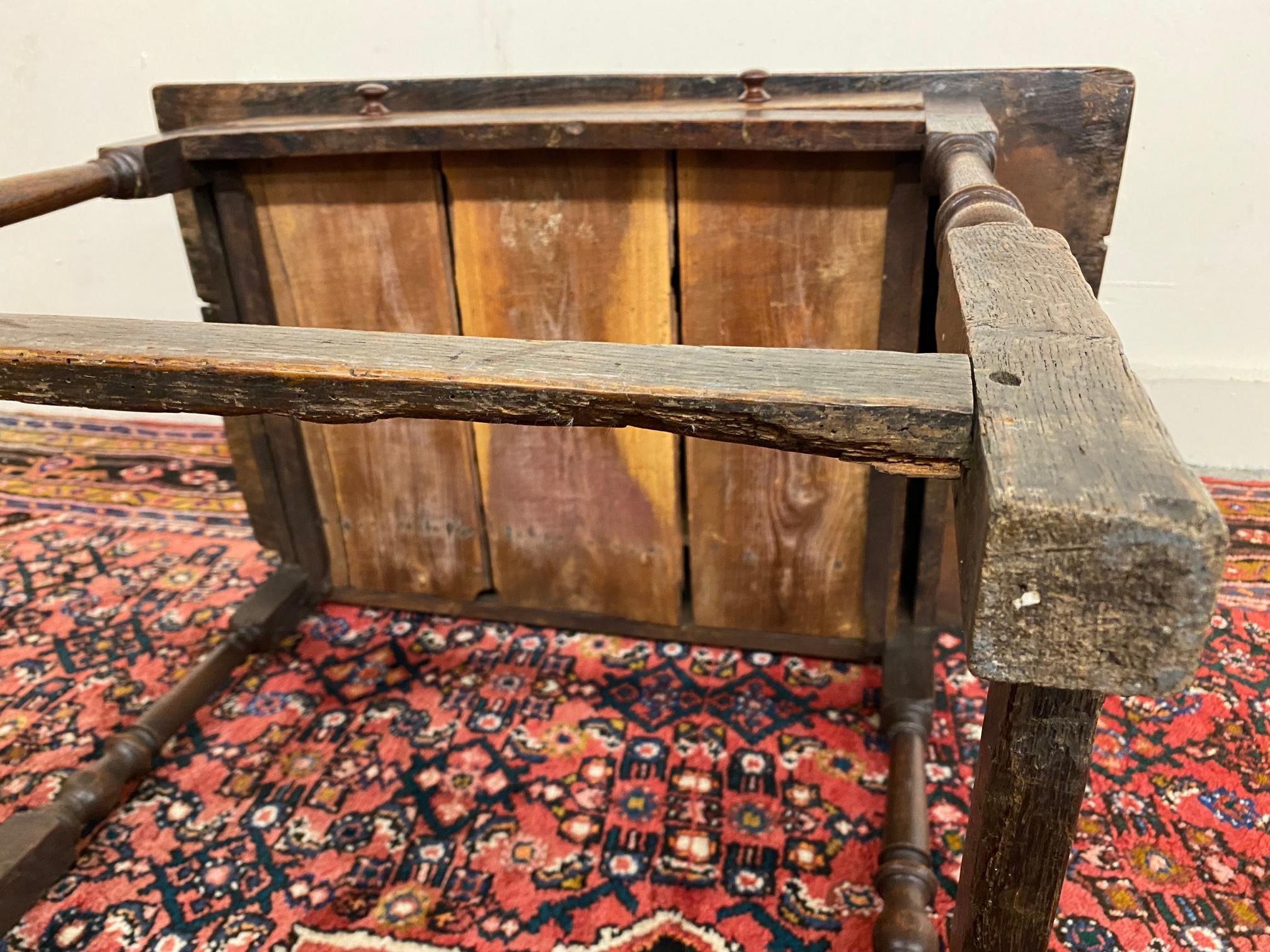 A primitive 17th Century Welsh oak side table with bobbin supports, 30 1/2" w x 26" h x 23" d. - Image 3 of 15