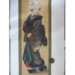 A Chinese handpainted hanging panel of a lady, signed, 24 x 87".