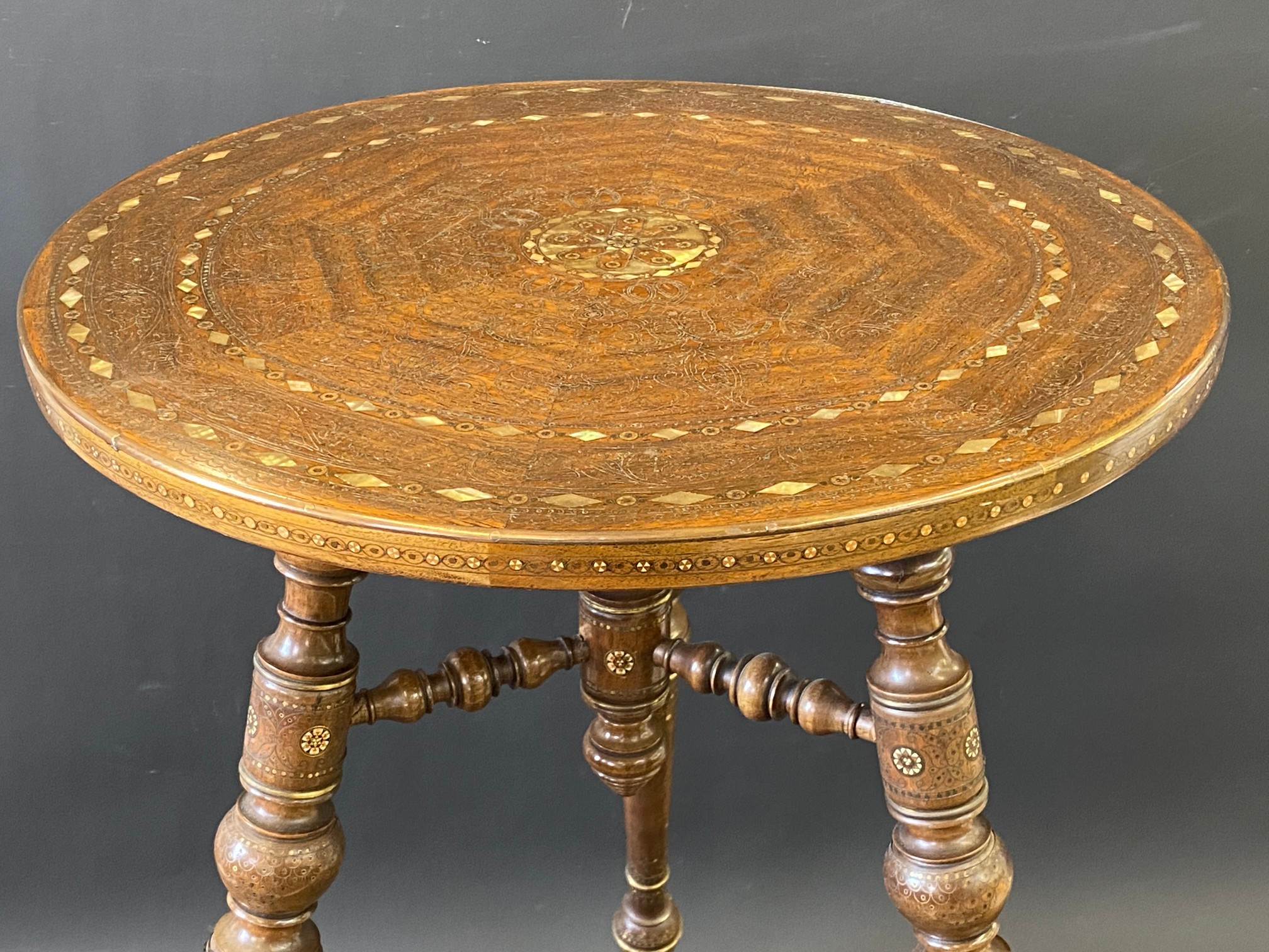 A very good quality 19th Century Moorish heavily inlaid circular occasional table raised on three - Image 2 of 9