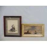 A 19th Century European School coastal landscape with ships 15 x 8 1/2", signed indistinctly plus