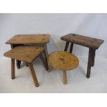 Four 19th Century primitive country stools, elm, ash, sycamore and pine.