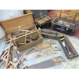 Several wooden tool boxes with assorted contents including two Stanley planes.