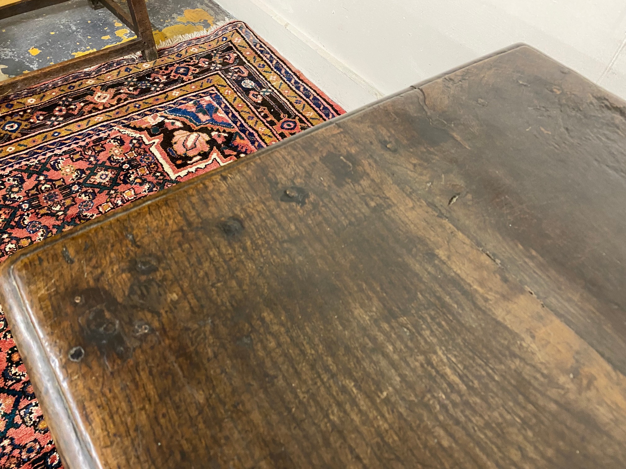 A primitive 17th Century Welsh oak side table with bobbin supports, 30 1/2" w x 26" h x 23" d. - Image 5 of 15