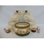 A pair of late Victorian Staffordshire dogs, a pottery jardinere, two paperweights etc.
