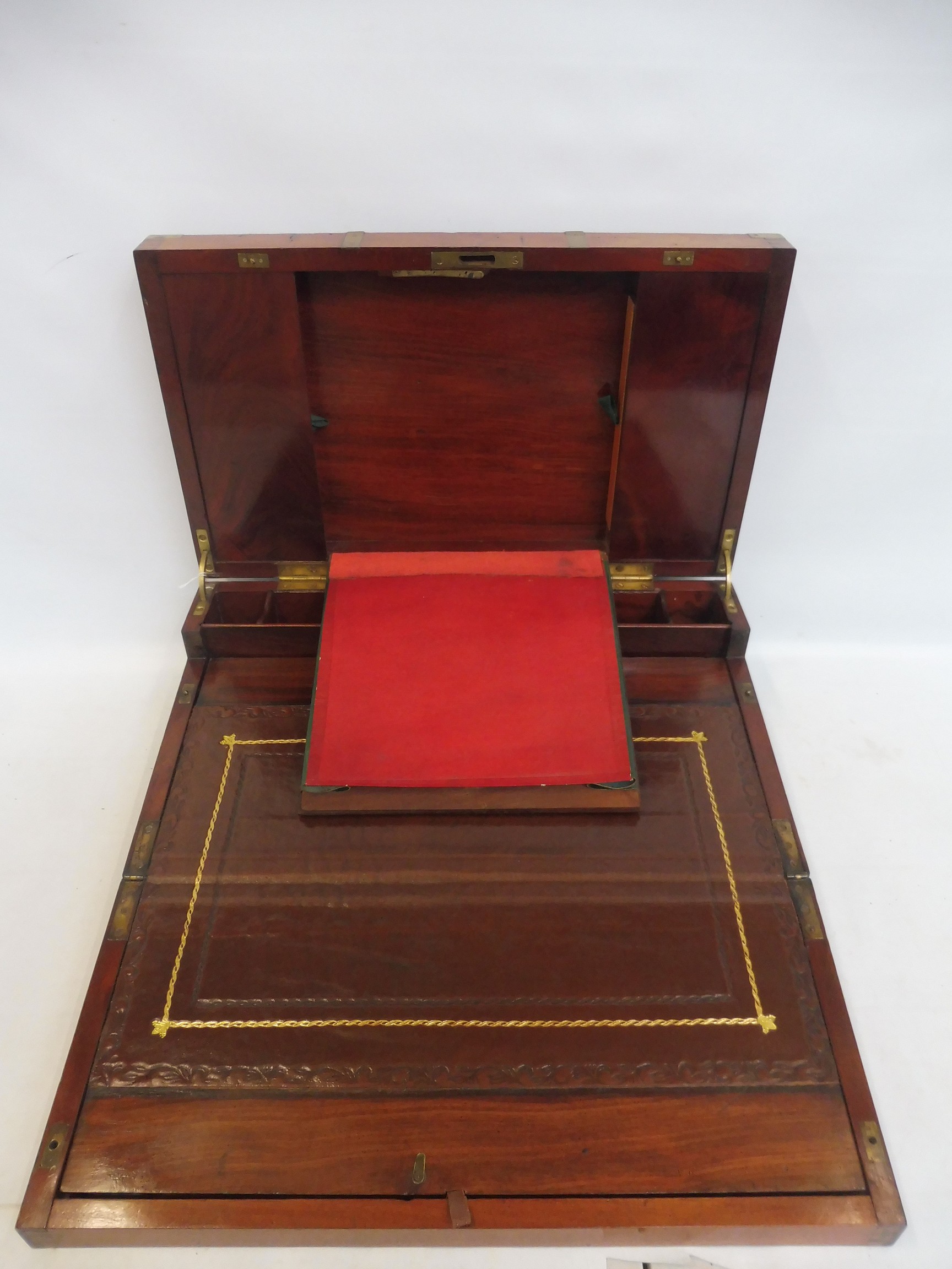 A fine quality 19th Century mahogany and brass bound campaign writing slope, the inset brass - Image 5 of 12