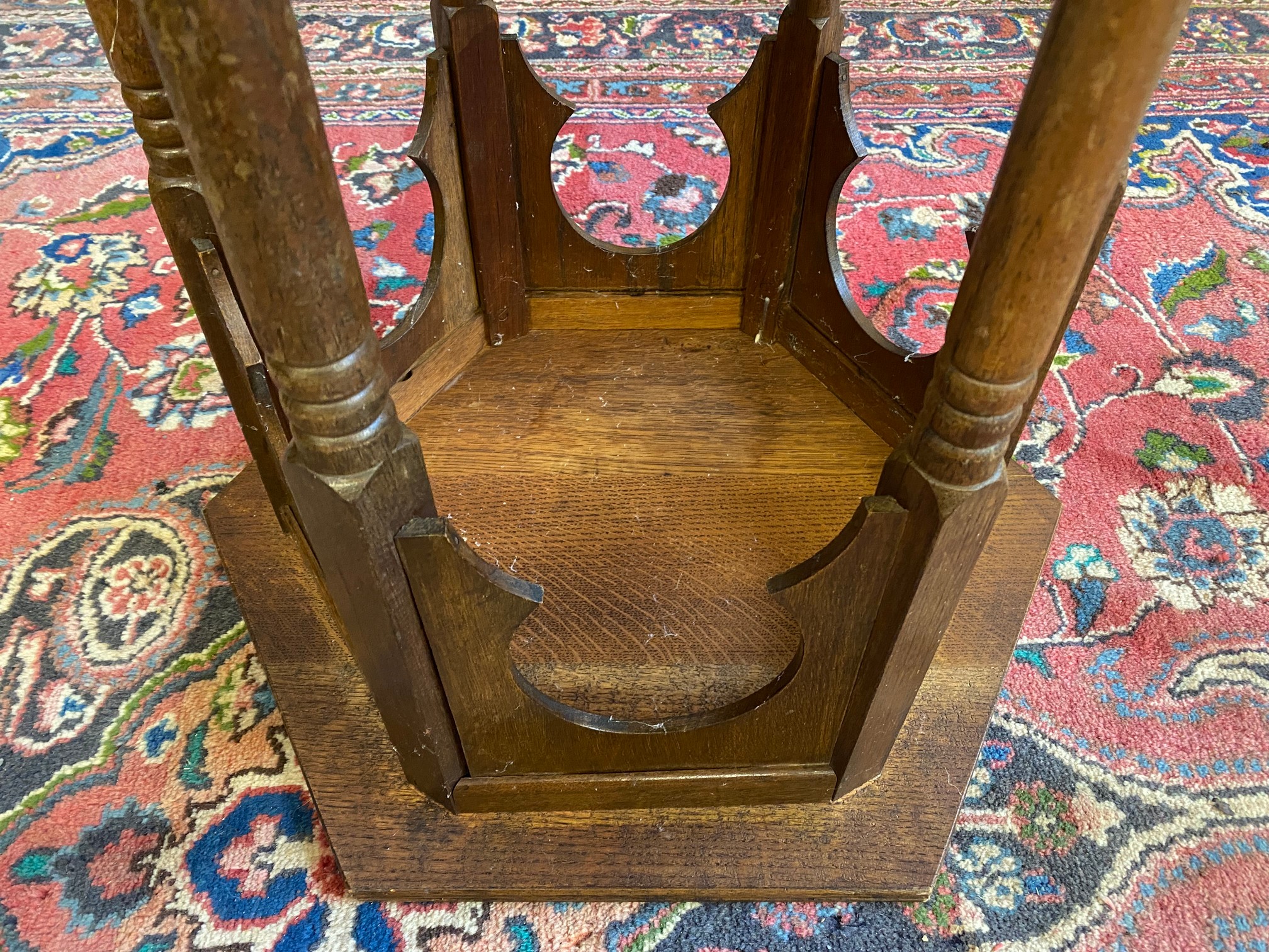 An Arts and Crafts oak hexagonal occasional table, of Eastern design influence, the top 21 1/2" at - Image 4 of 4