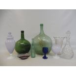 A selection of assorted glassware including two large Continental green glass bottles, a cut glass