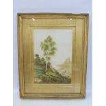 19TH CENTURY BRITISH SCHOOL - a tree lined landscape scene with a lake beyond, monogrammed WM and