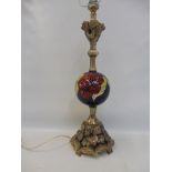 A table lamp with a central pottery bulbous stem, almost certainly Moorcroft.